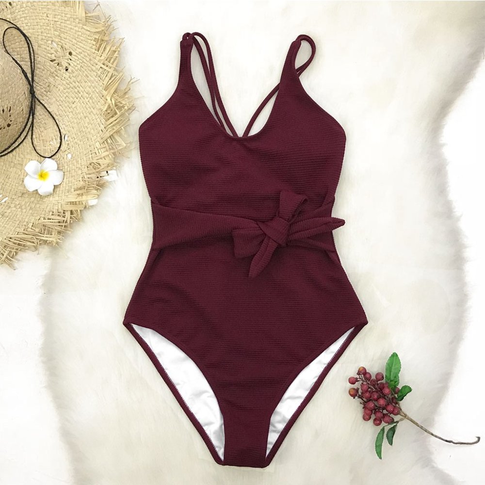 NWT // CUPSHE Swimsuit //Burgundy Bowknot One-Piece (Cross Solid Monokini)